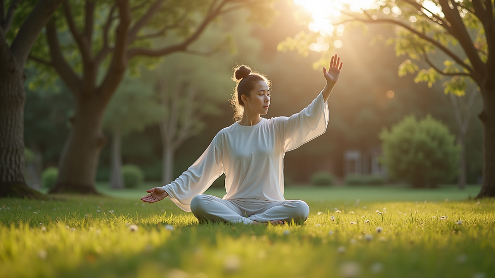 Eye-level view of a person practicing slow qigong movements in a peaceful garden