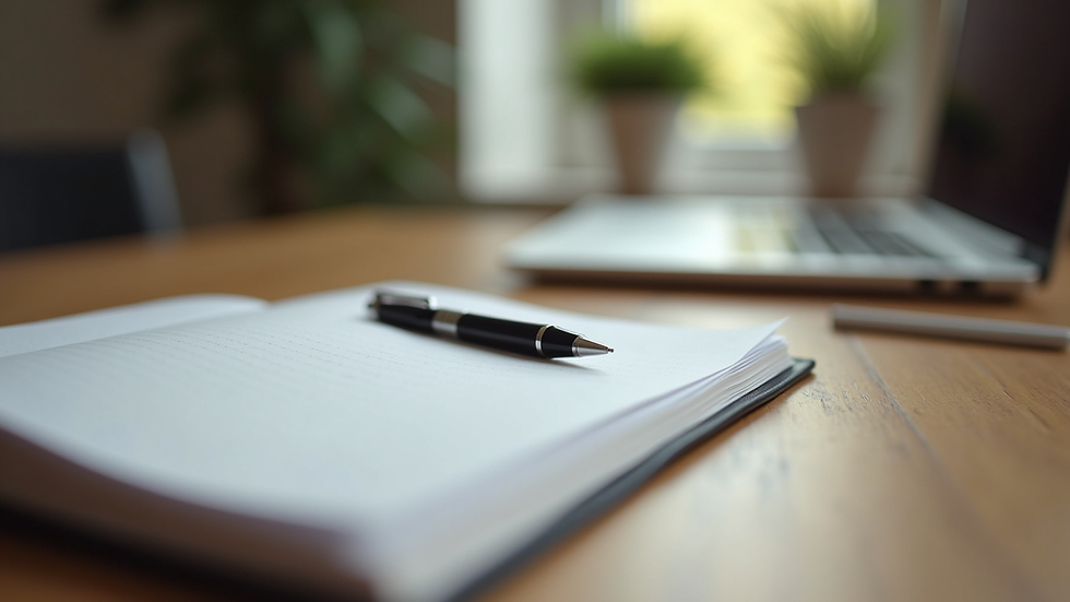 Close-up view of a notebook and pen on a wooden table