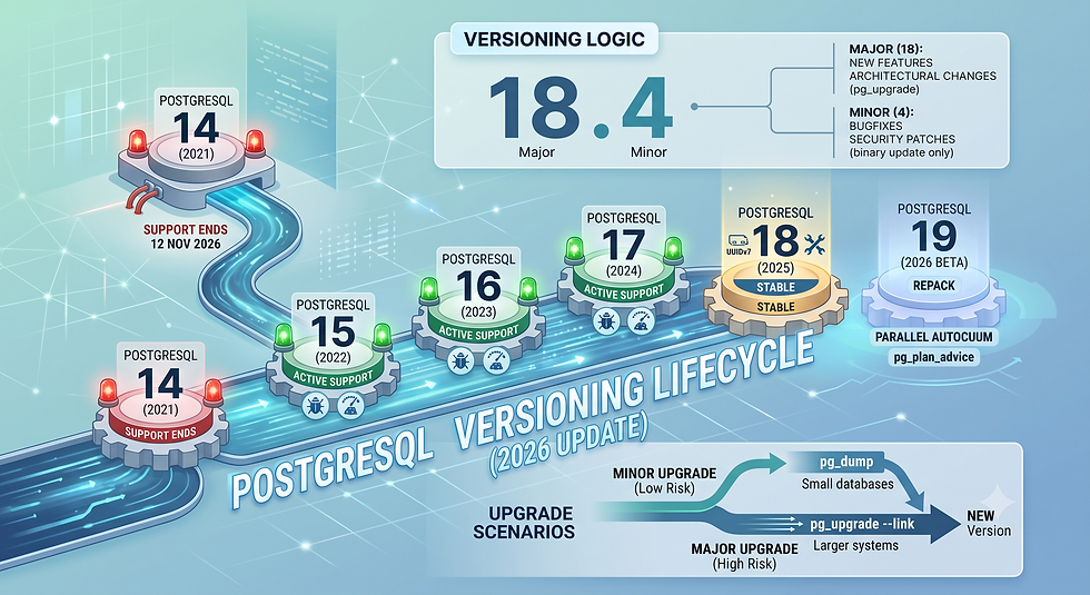 PostgreSQL Versiyon Mantığı: Yaşam Döngüsü, Sürüm Stratejileri ve Geçiş Senaryoları (2026 Güncellemesi)