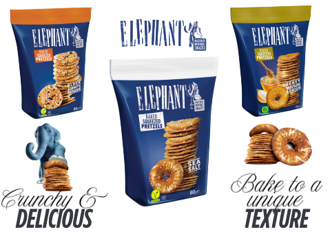 Elephant baked squeezed pretzels. Available in different flavours