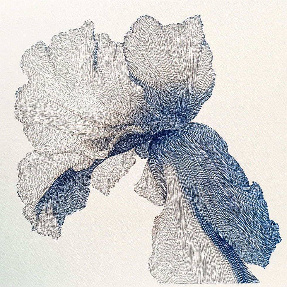 Drawing of a blue and white flower. הדג שהפך לפרח. 02, Asiya-Kessel Art Gallery.