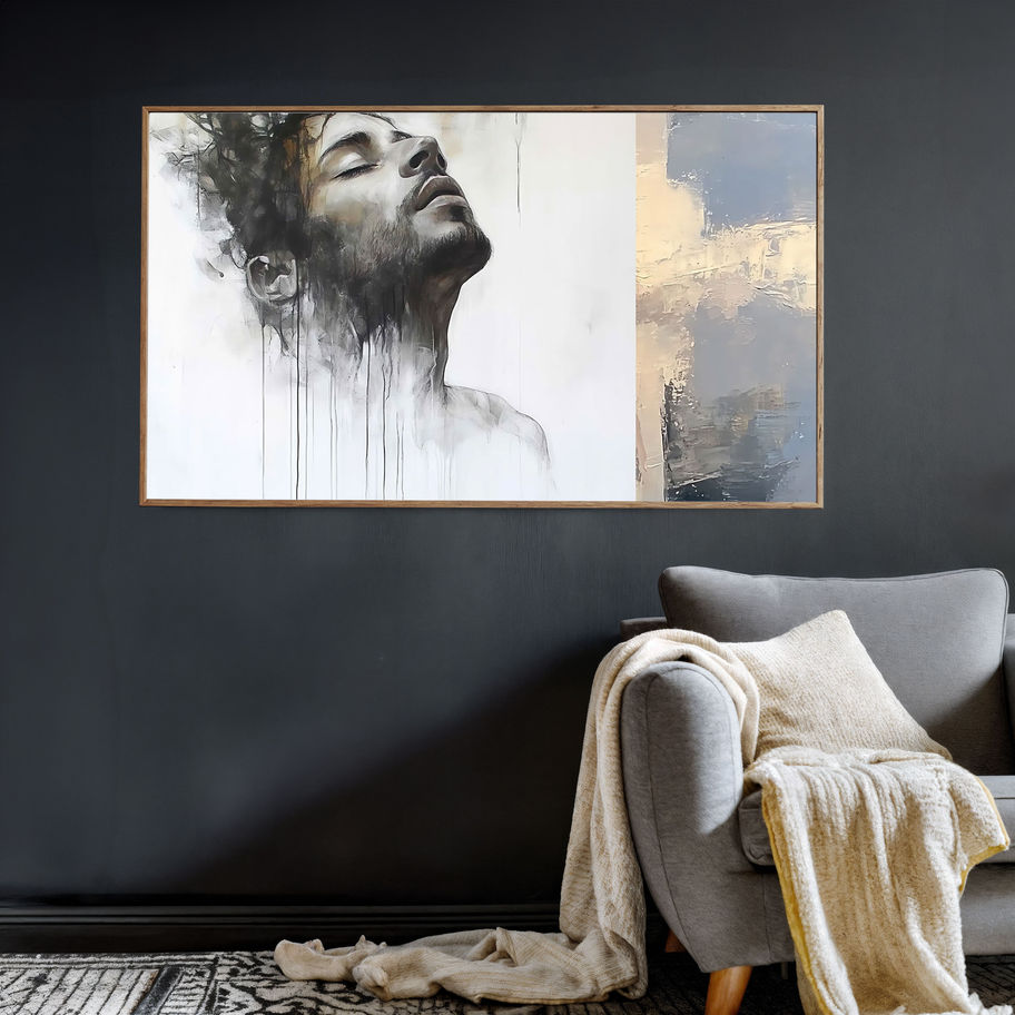 ציור גבר חושף פנים לשמים, עם שמיכה על ספה. Asiya-Kessel Art Gallery