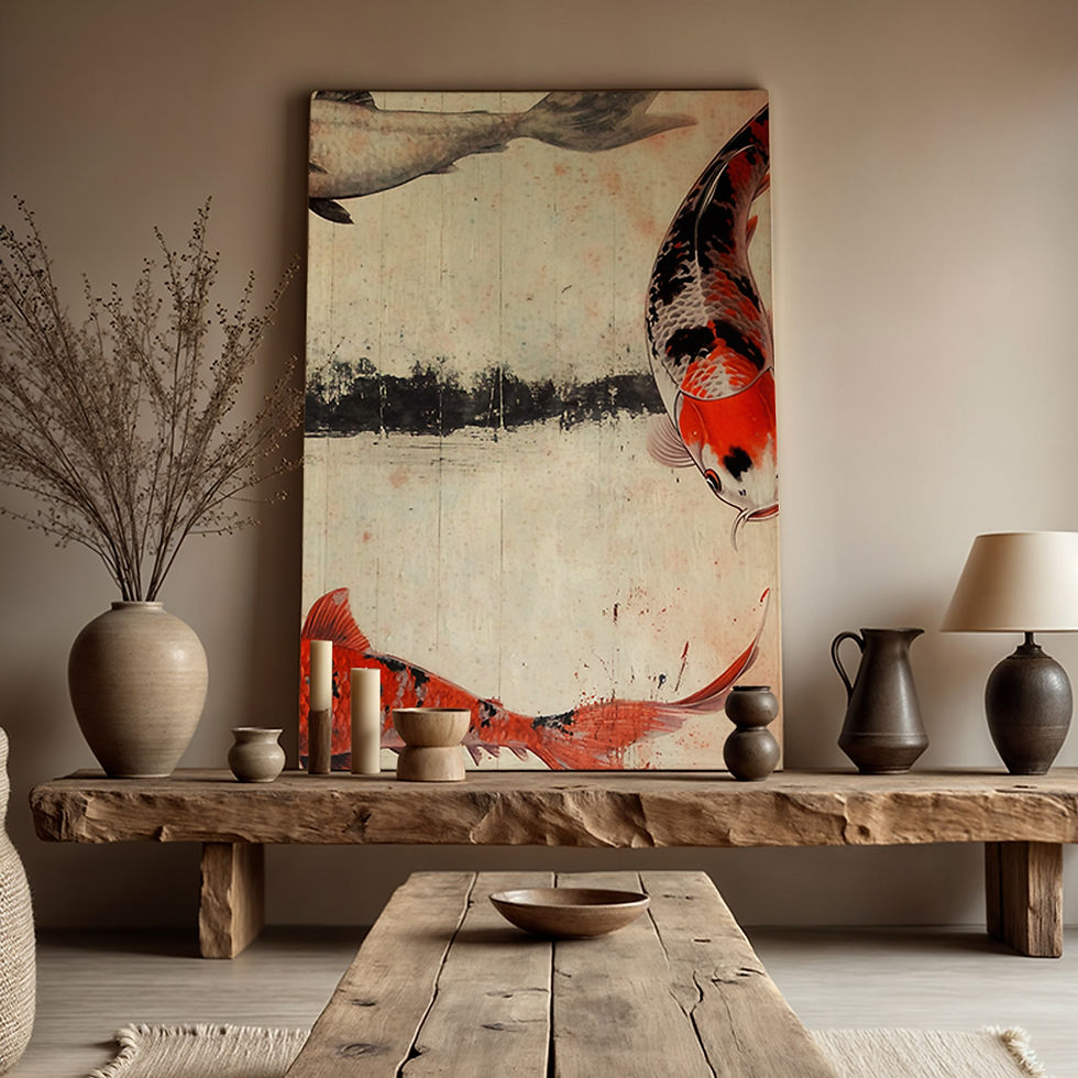 Big Koi fish painting, vase with dried plants, wooden table, הדג שהפך לפרח. 02, Asiya-Kessel Art Gallery