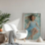 Woman in blue dress painting, floating, with white armchair, as Asiya-Kessel Art Gallery