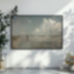 Beach painting with two figures walking near the water under cloudy skies.