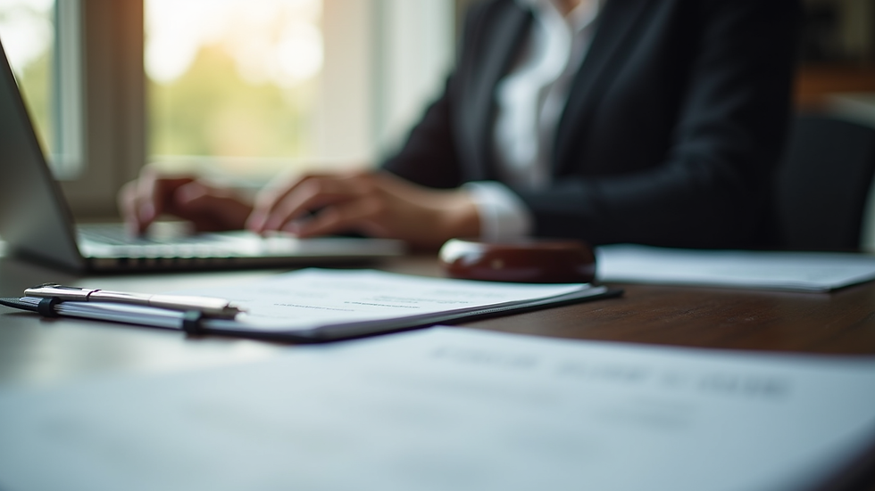 Eye-level view of a laptop on a desk with legal documents