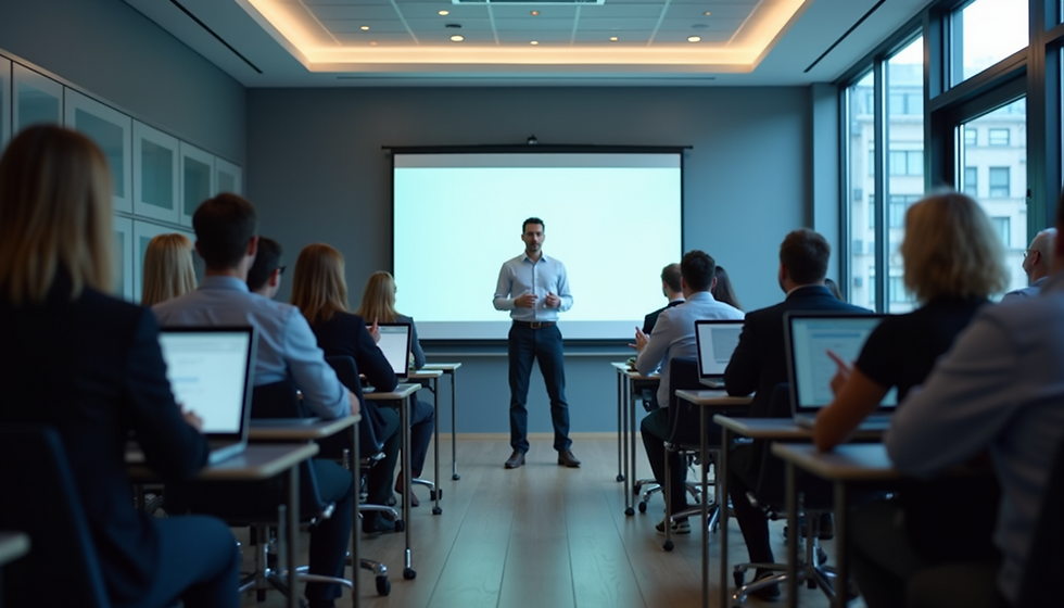 Training facilitator with attendees at a legal training session about privacy principles