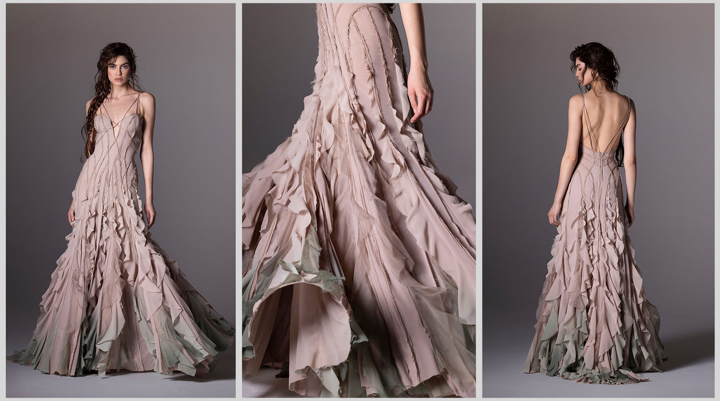 A fair-skinned female model wearing a thin-strapped mermaid nude pearl grey light crepe ruffle Hassidriss dress