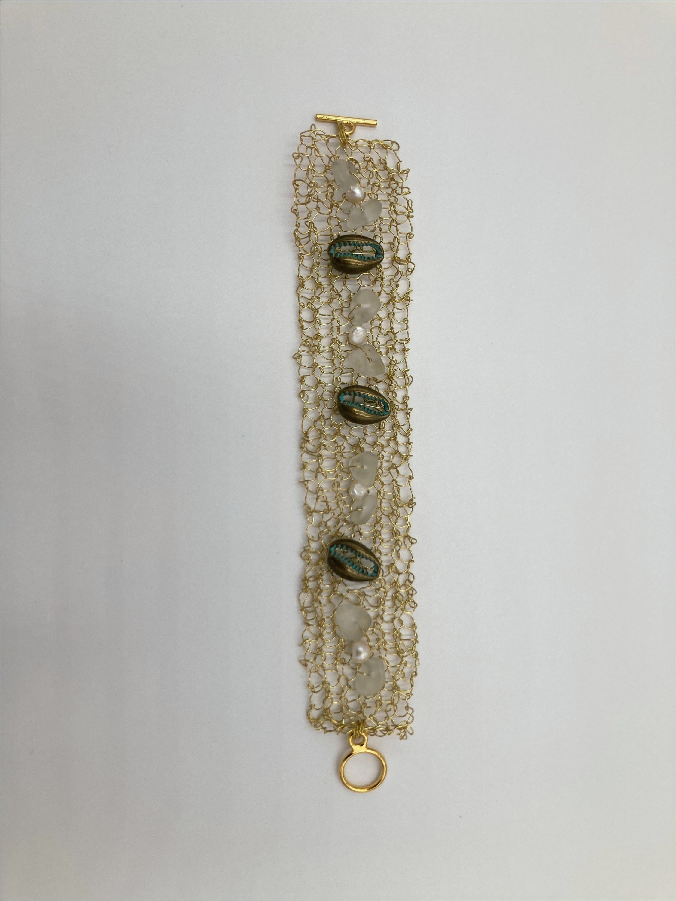 Knitted Brass Wire Brass Cowrie Clear Seaglass Chip Pearl Beads