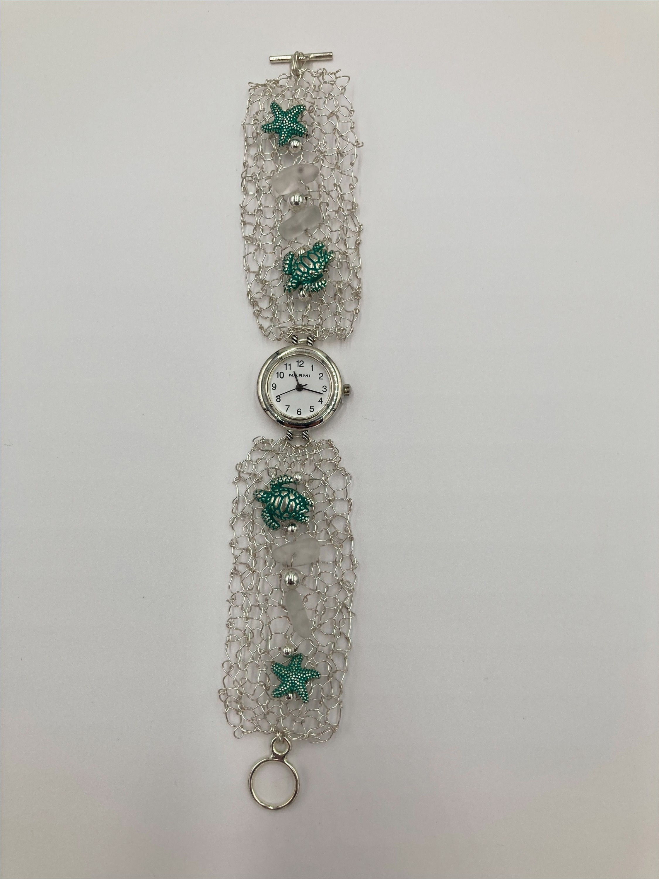 Knitted Silver Wire Silver Watch Green Turtle/Starfish Clear Seaglass