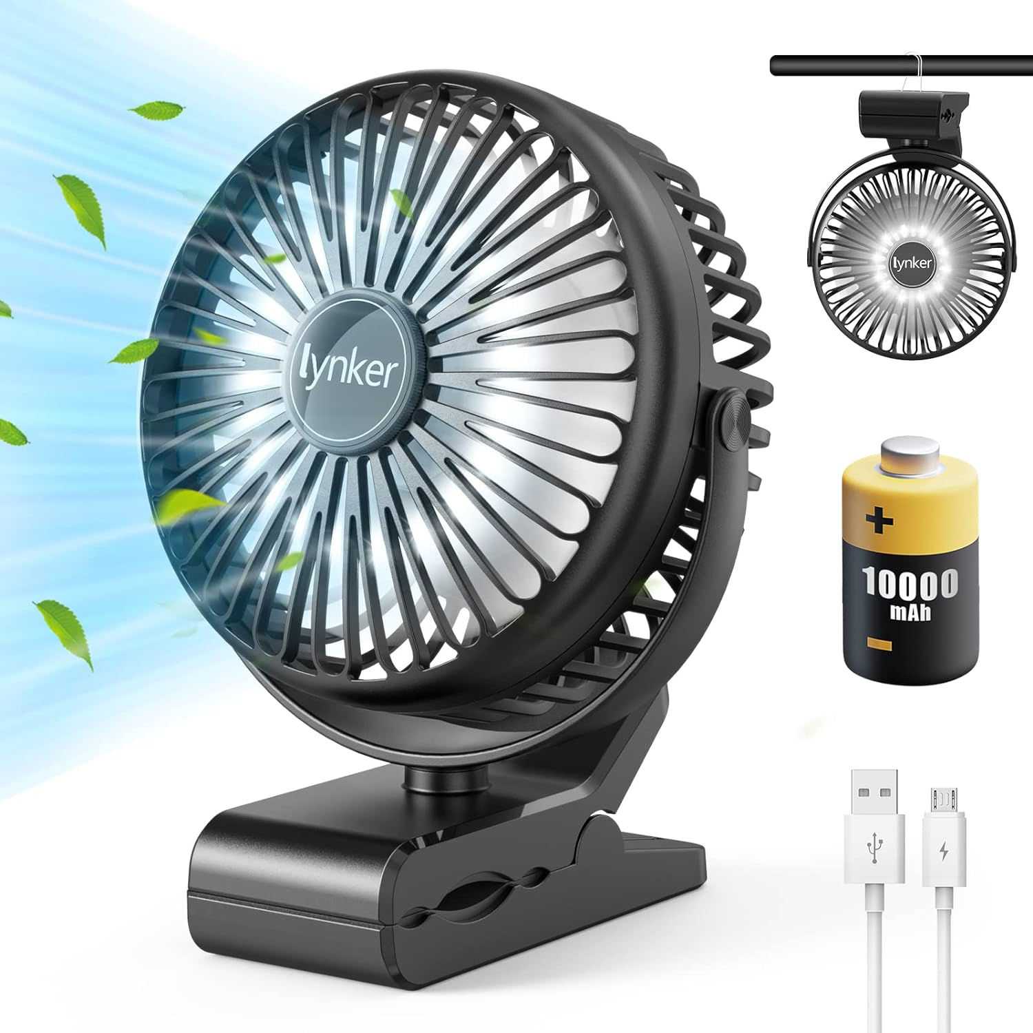 USB Fan Desk Portable, 10000mAh Rechargeable Fan Silent Powerful, Mini Clip-on.