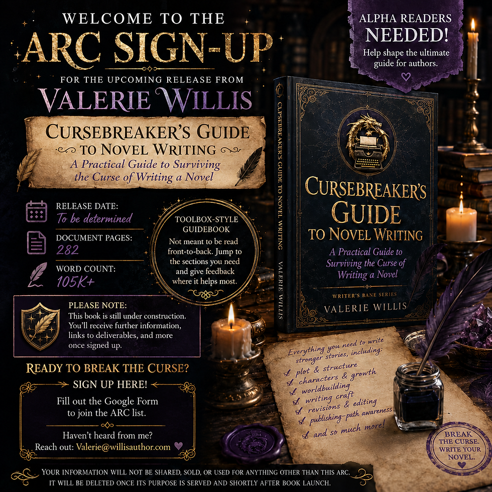 Welcome to the sign-up post for the upcoming release, Cursebreaker's Guide to Novel Writing: A Practical Guide to Surviving the Curse of Writing a Novel to by Valerie Willis. 