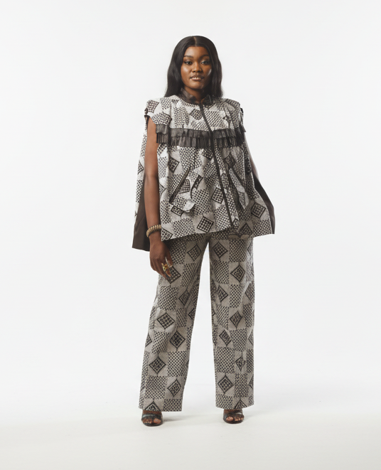 Bimbo Print With Leather Fringed Loose Jacket With A Stand Collar And Front Zip