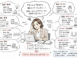 PCとシステム手帳を前に、やることが多すぎて頭がパンクしそうな女性起業家の様子