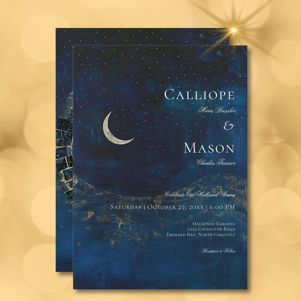 Celestial Midnight Blue Crescent Moon Wedding Invitation