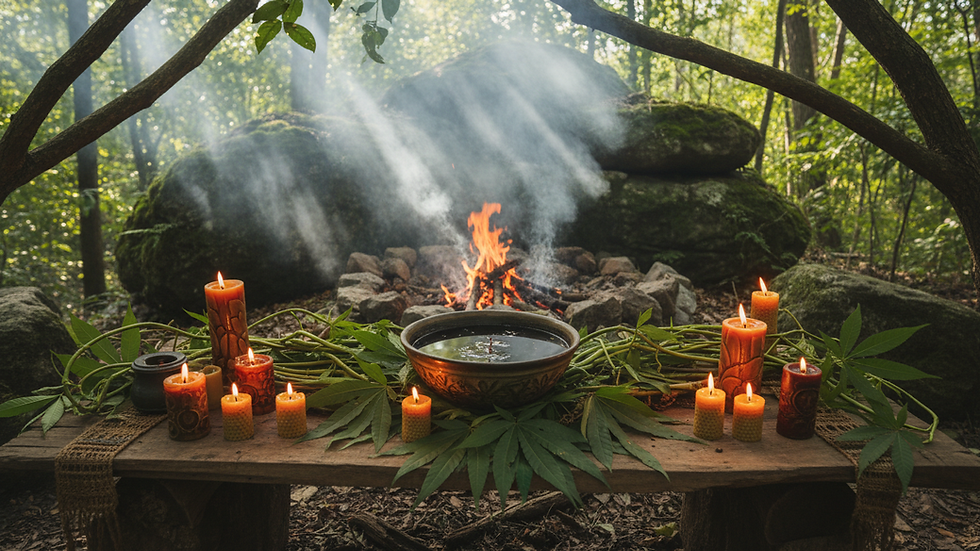 Eye-level view of a ceremonial altar with traditional ayahuasca plants and candles