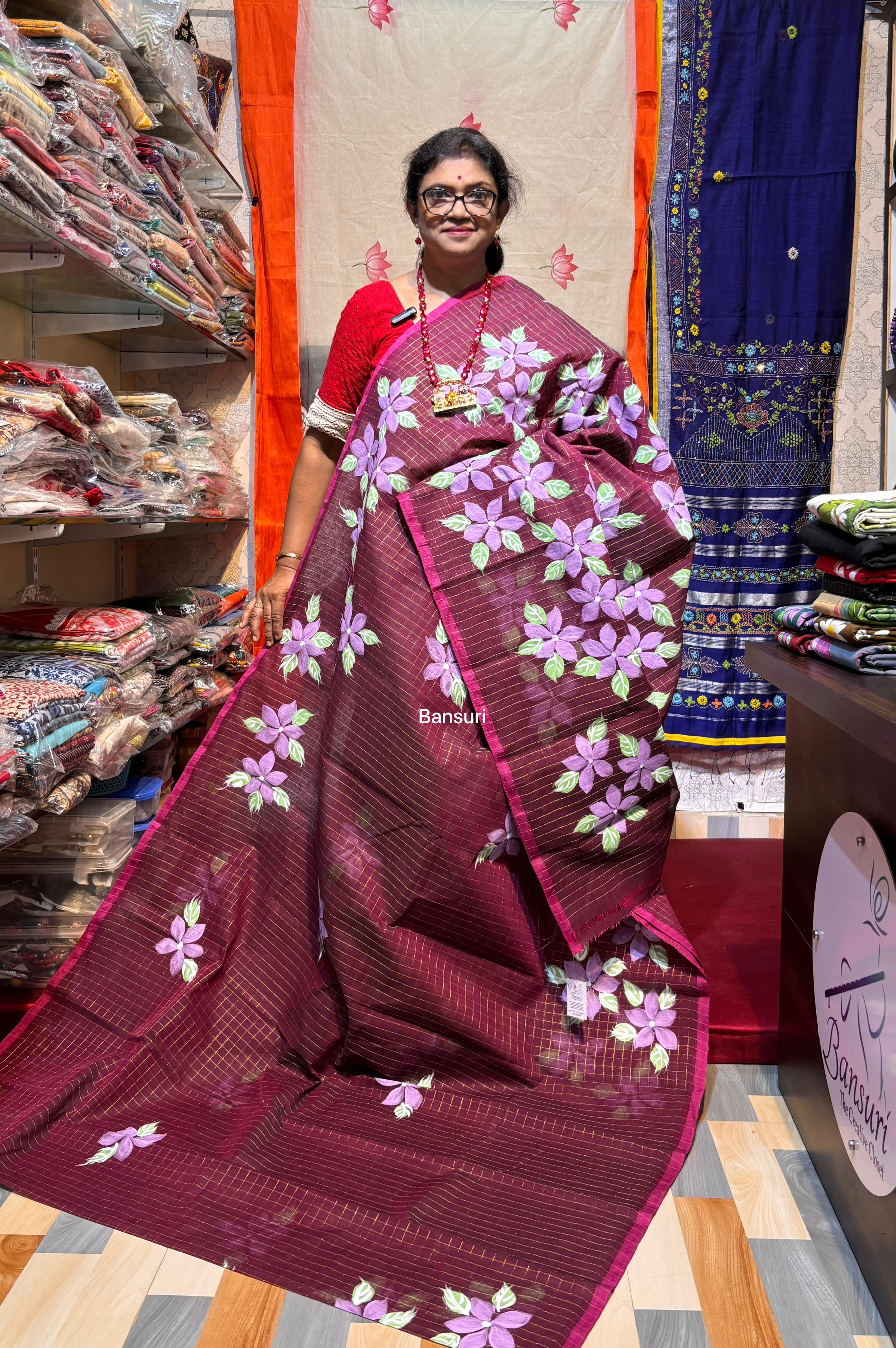 Floral Painting Cotton Handwoven Zari Check Tant Saree Dark Magenta