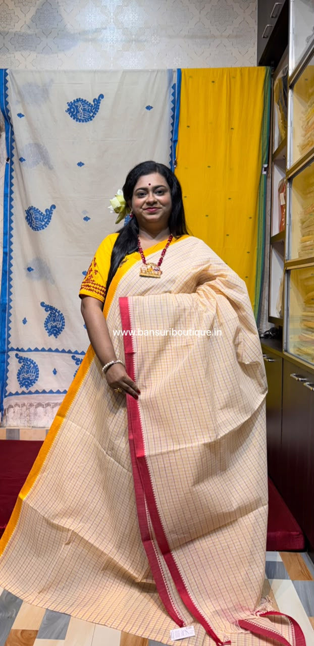 Pure Cotton Handloom Dhaniakhali Tant Saree Velvet Border Yellow &Red