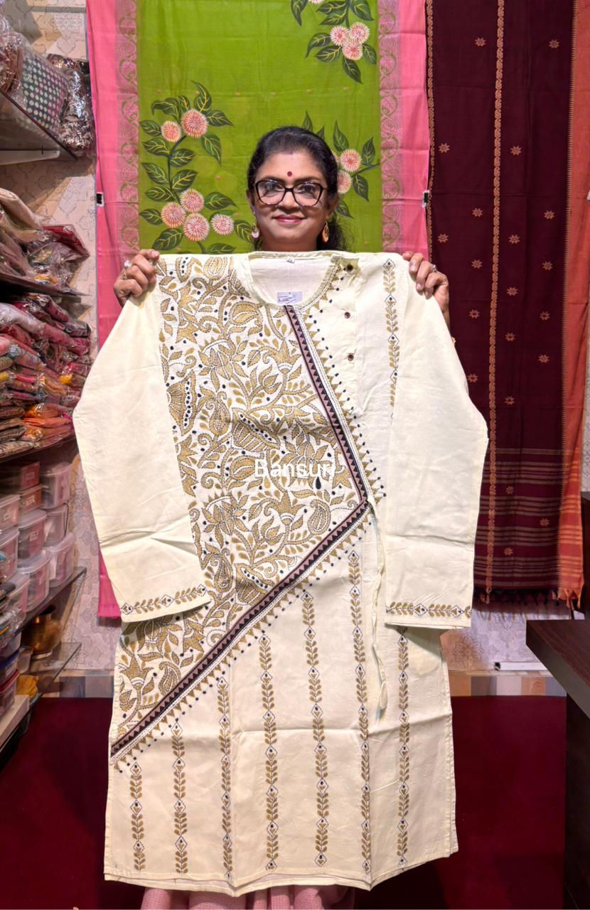 Pure Cotton Kantha Stitch Panjabi Off White & Blue