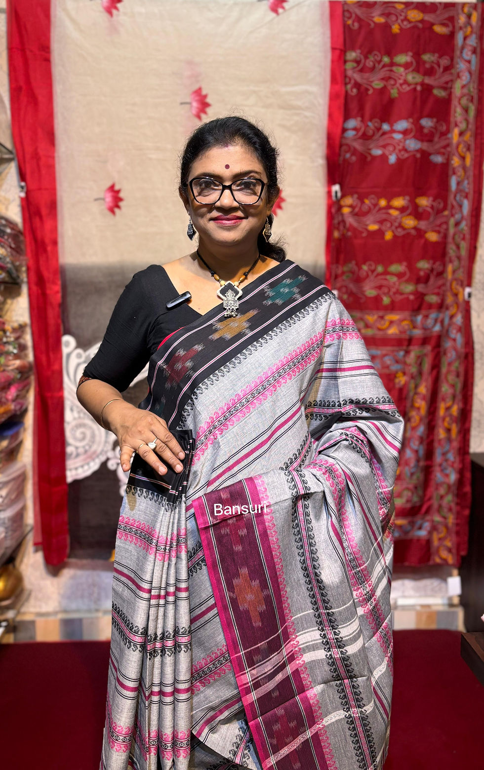 Pure Cotton Khadi Handloom Saree Grey & Pink Katki
