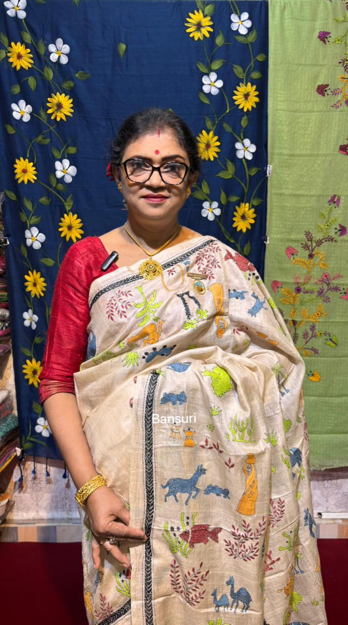 Thumbnail: Pure Gachi Tussar Kantha Stitch Saree