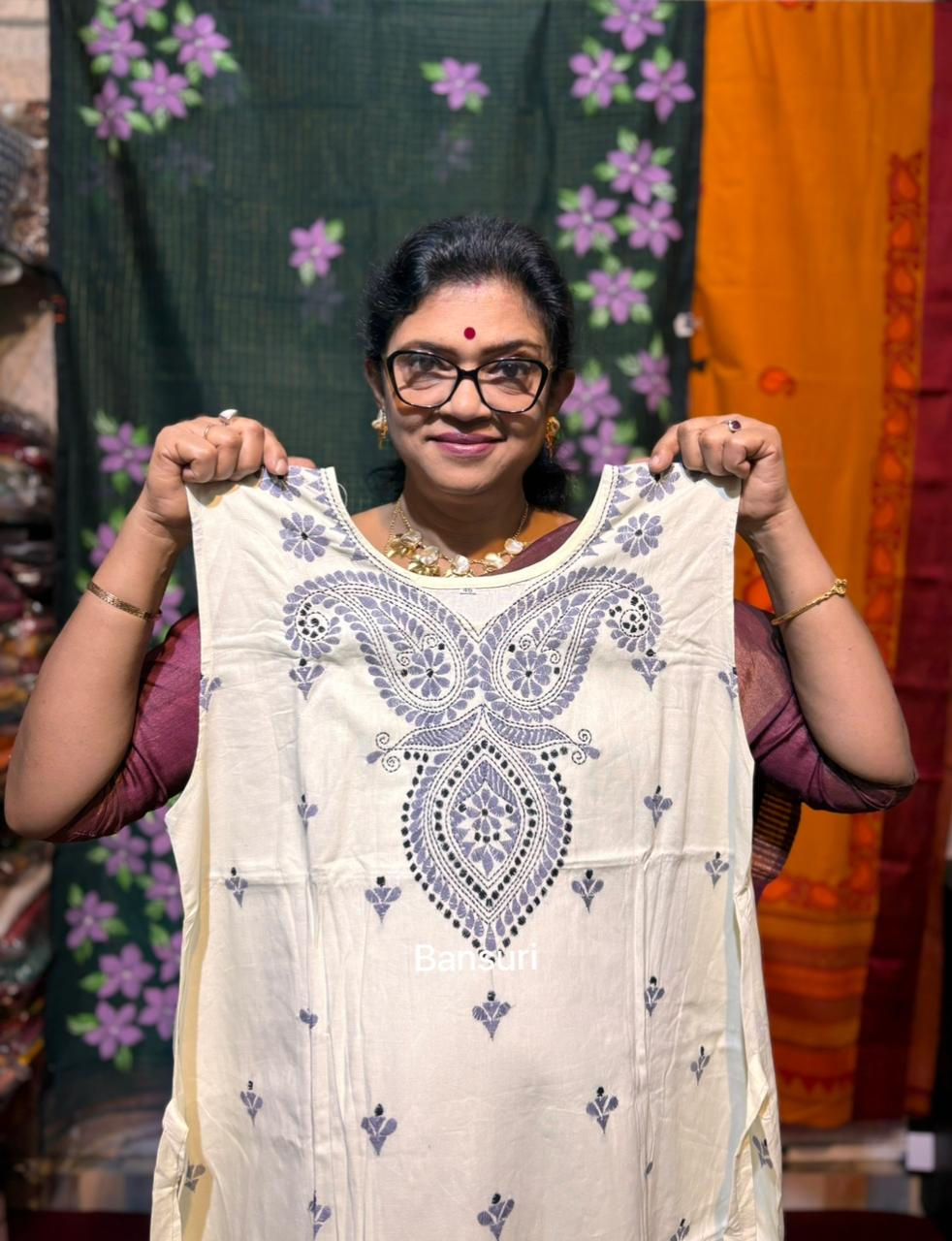 Pure Cotton Kantha Stitch Nightgown White Kaftan