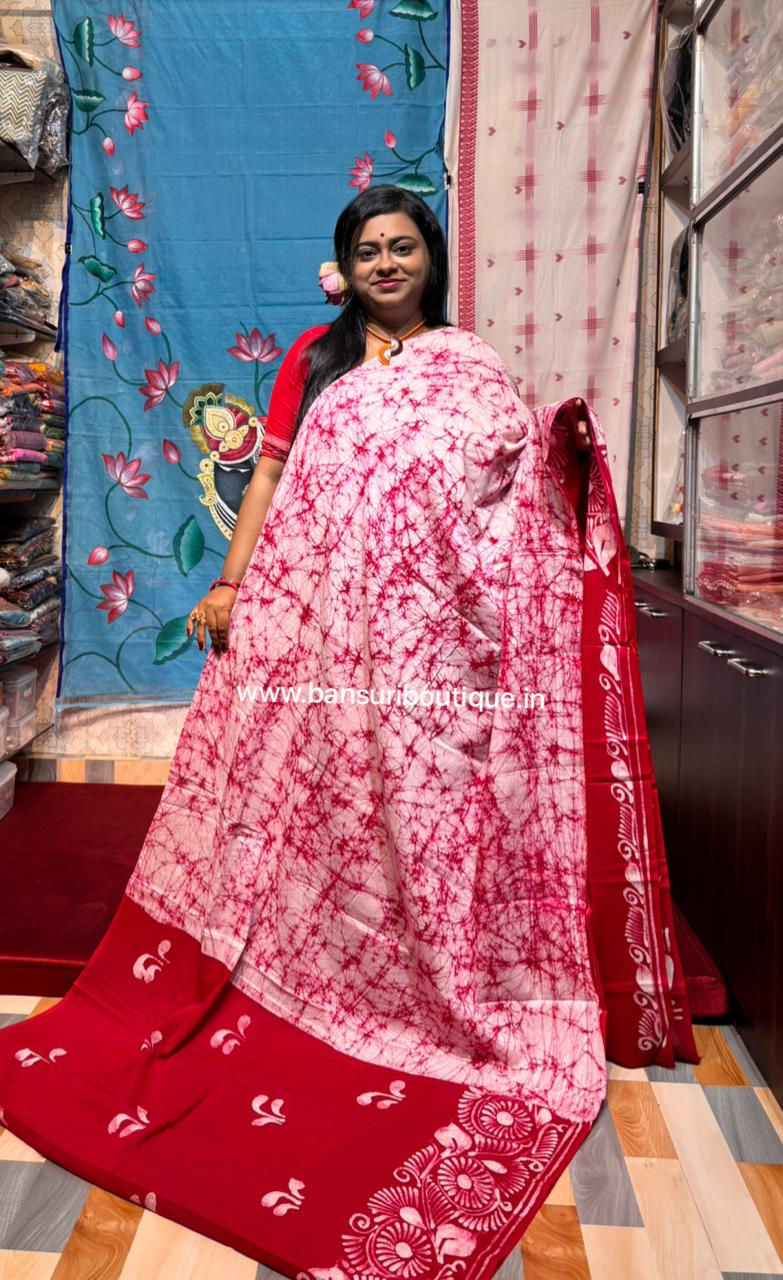 Thumbnail: Mulmul Cotton Batik Saree Soru Tuli Alpona Runny Pink