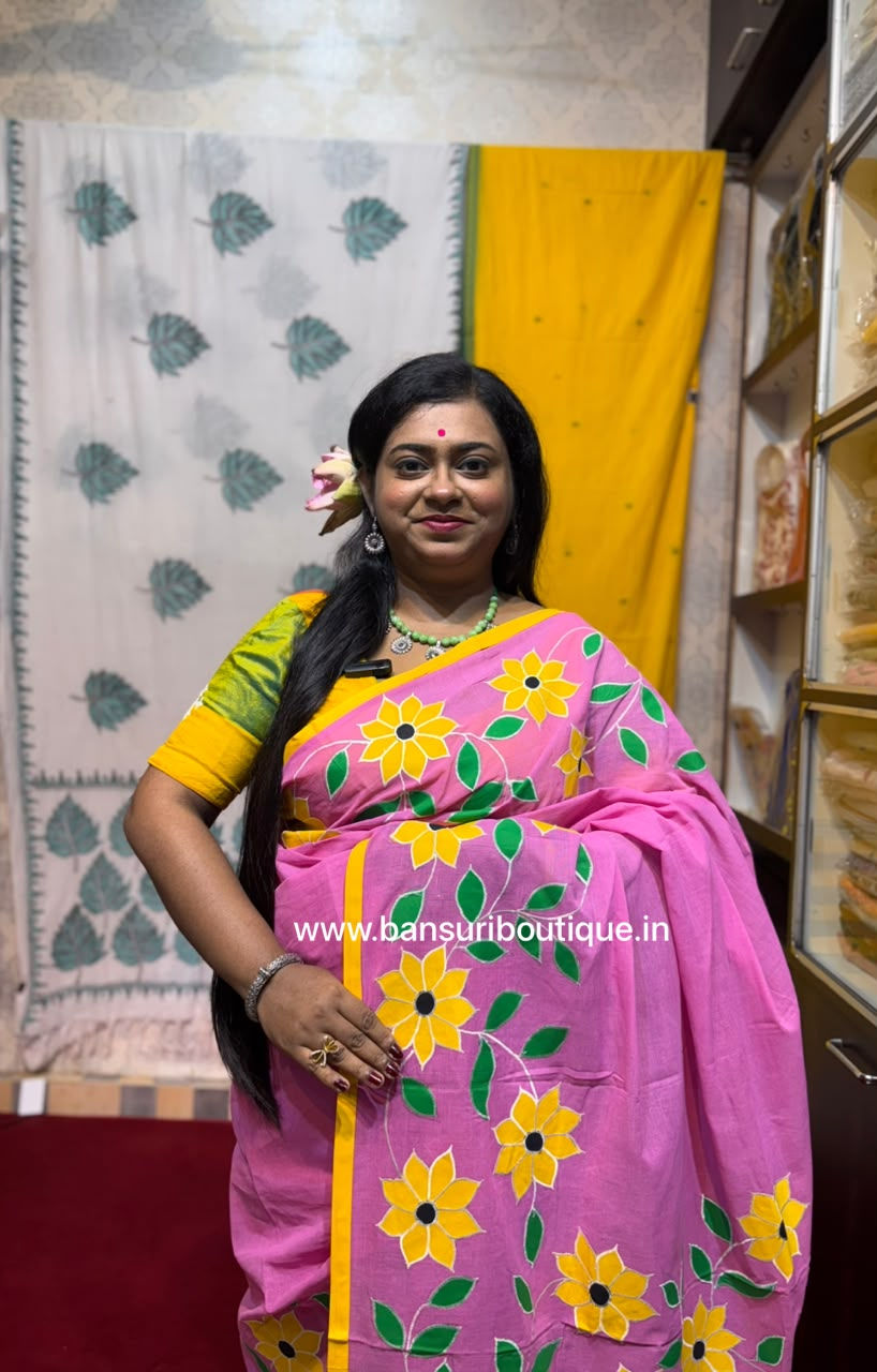 Thumbnail: Pure Cotton Handloom Applique Saree Pink Floral