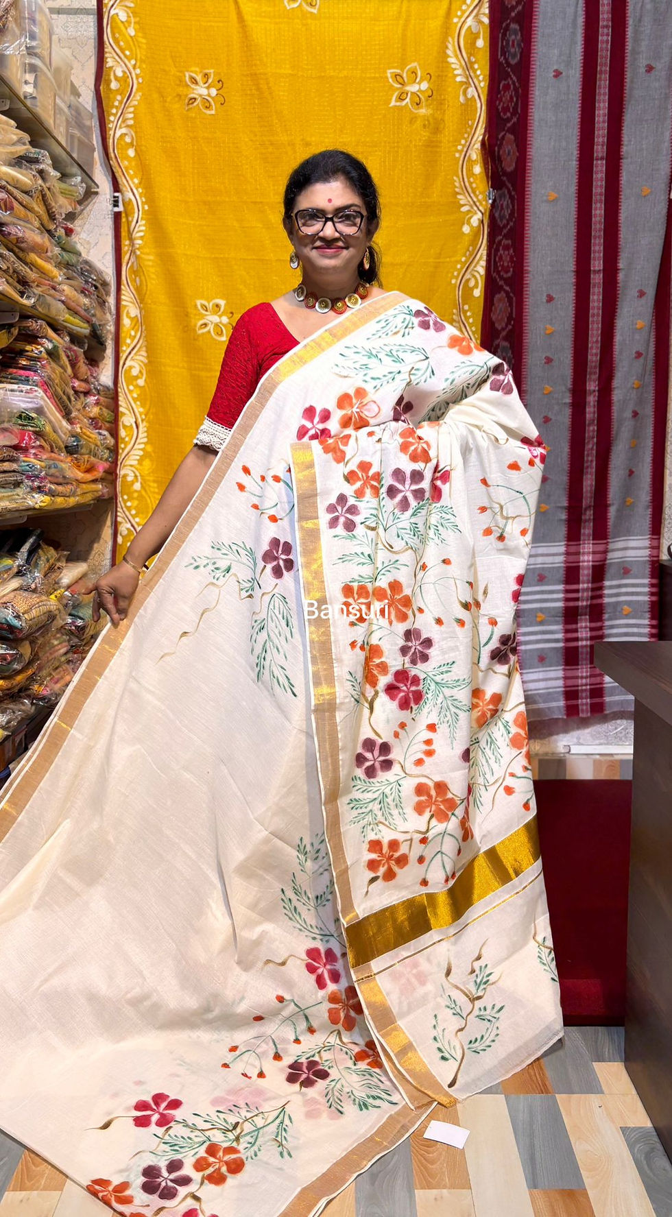 Thumbnail: Handpainted Kerala Cotton Saree Krishnachura Floral