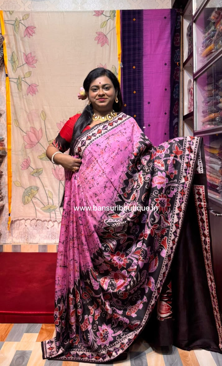 Thumbnail: Thin Brush Handpainted Pure Bishnupuri Soru Tuli Batik Silk Saree - Lotus Pond