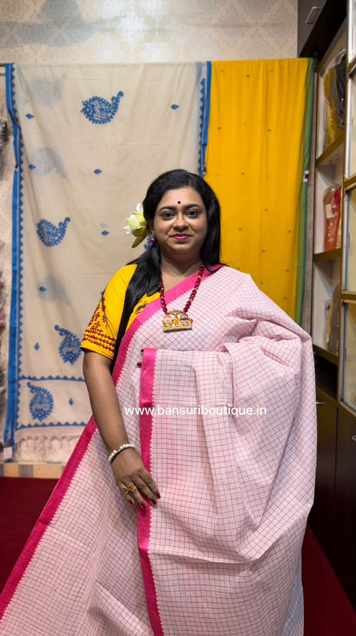Thumbnail: Pure Cotton Handloom Dhaniakhali Tant Saree Velvet Border Pink