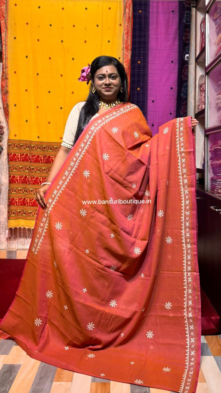 Thumbnail: Pure Cotton Bengal Handloom Hand Embroideried Gujrati Stitch Saree Peach