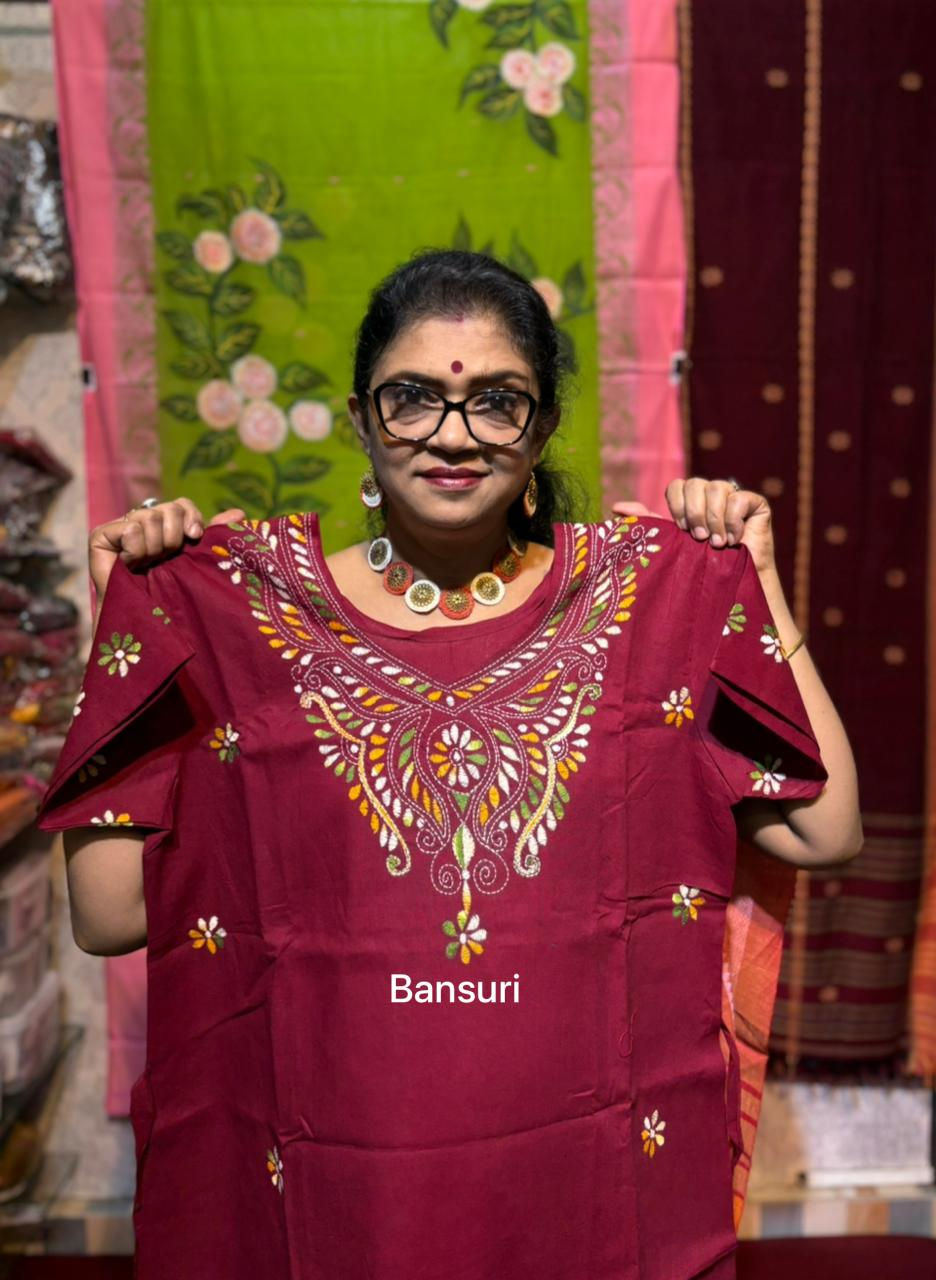 Pure Cotton Kantha Stitch Nightgown Maroon