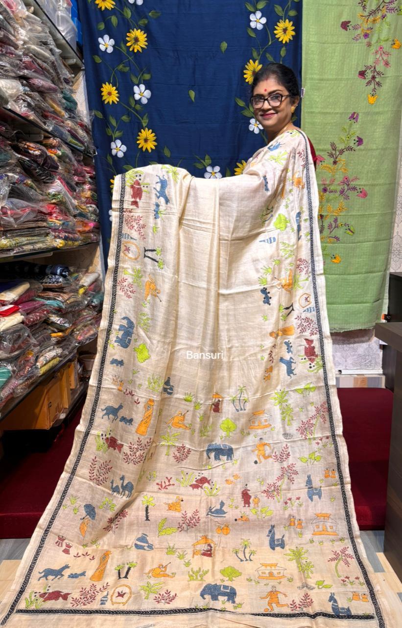 Thumbnail: Pure Gachi Tussar Kantha Stitch Saree