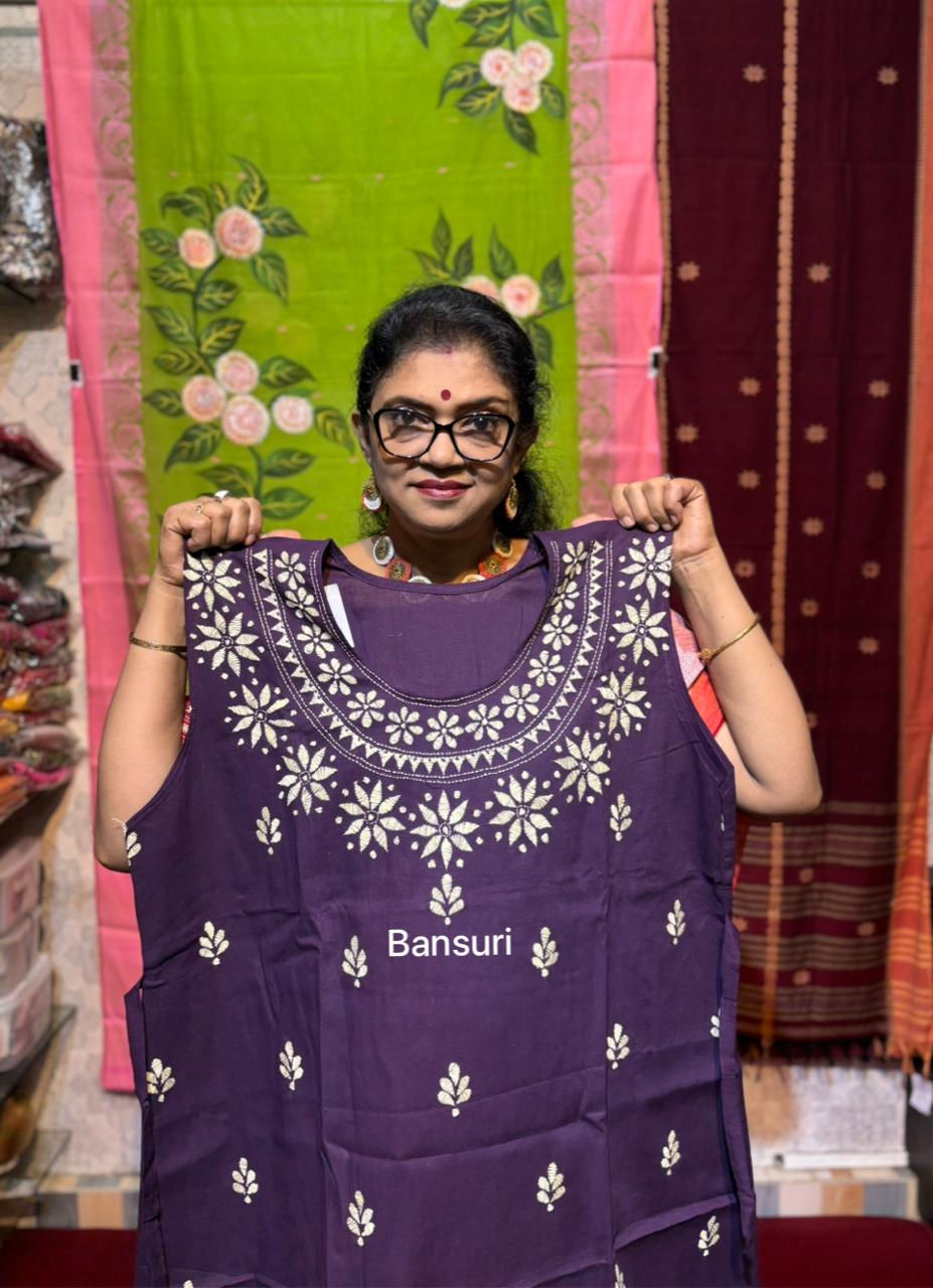 Pure Cotton Kantha Stitch Nightgown Violet