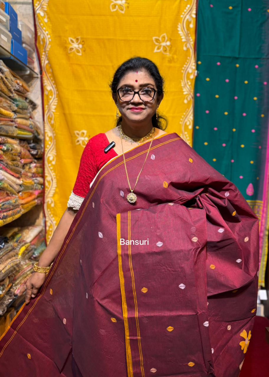 Pure Cotton Needle Jamdani Bengal Handloom Maroon