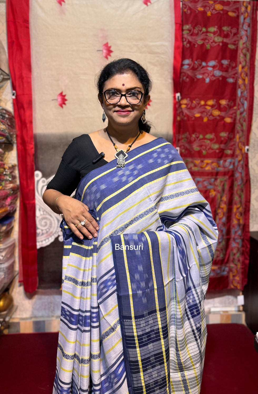 Pure Cotton Khadi Handloom Blue & Grey Katki Border Saree