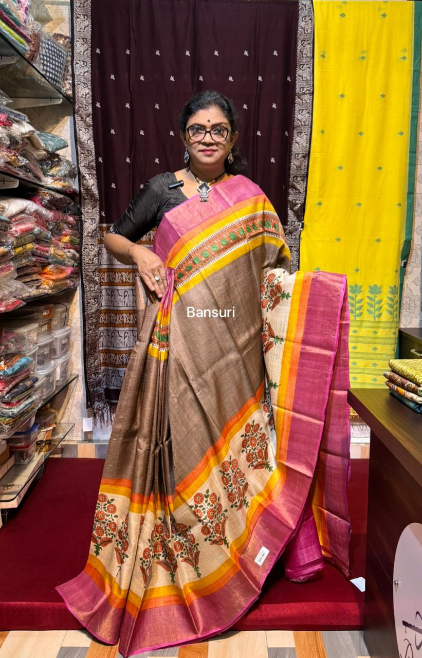 Thumbnail: Pure Tussar Silk Sarees Handblock Floral