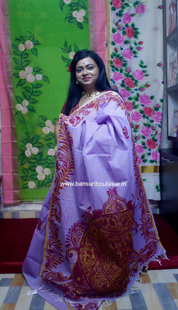 Thumbnail: Handpainted Cotton Handwoven Alpona Saree Light Mov