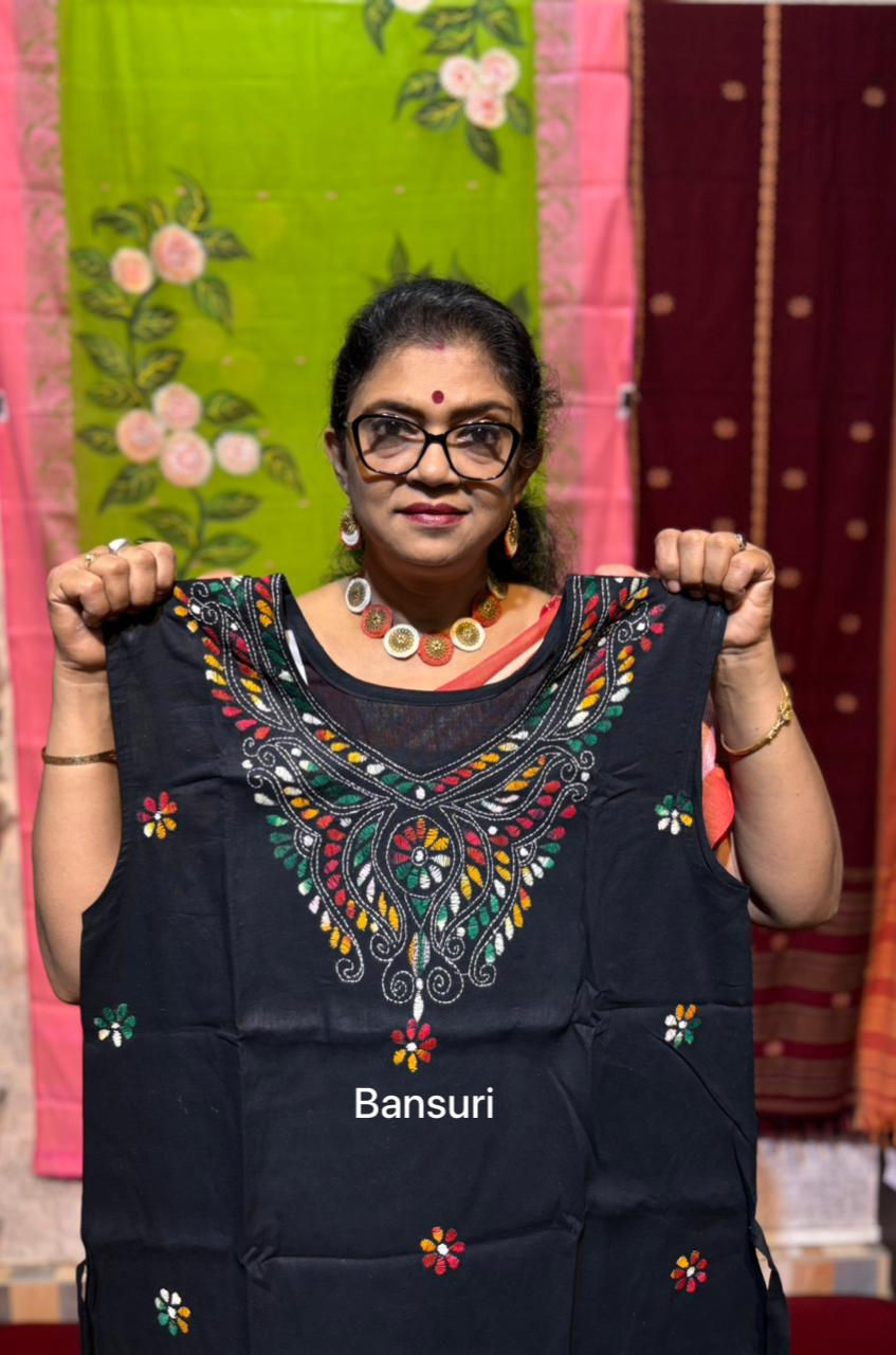 Pure Cotton Kantha Stitch Nightgown Black Multicolored