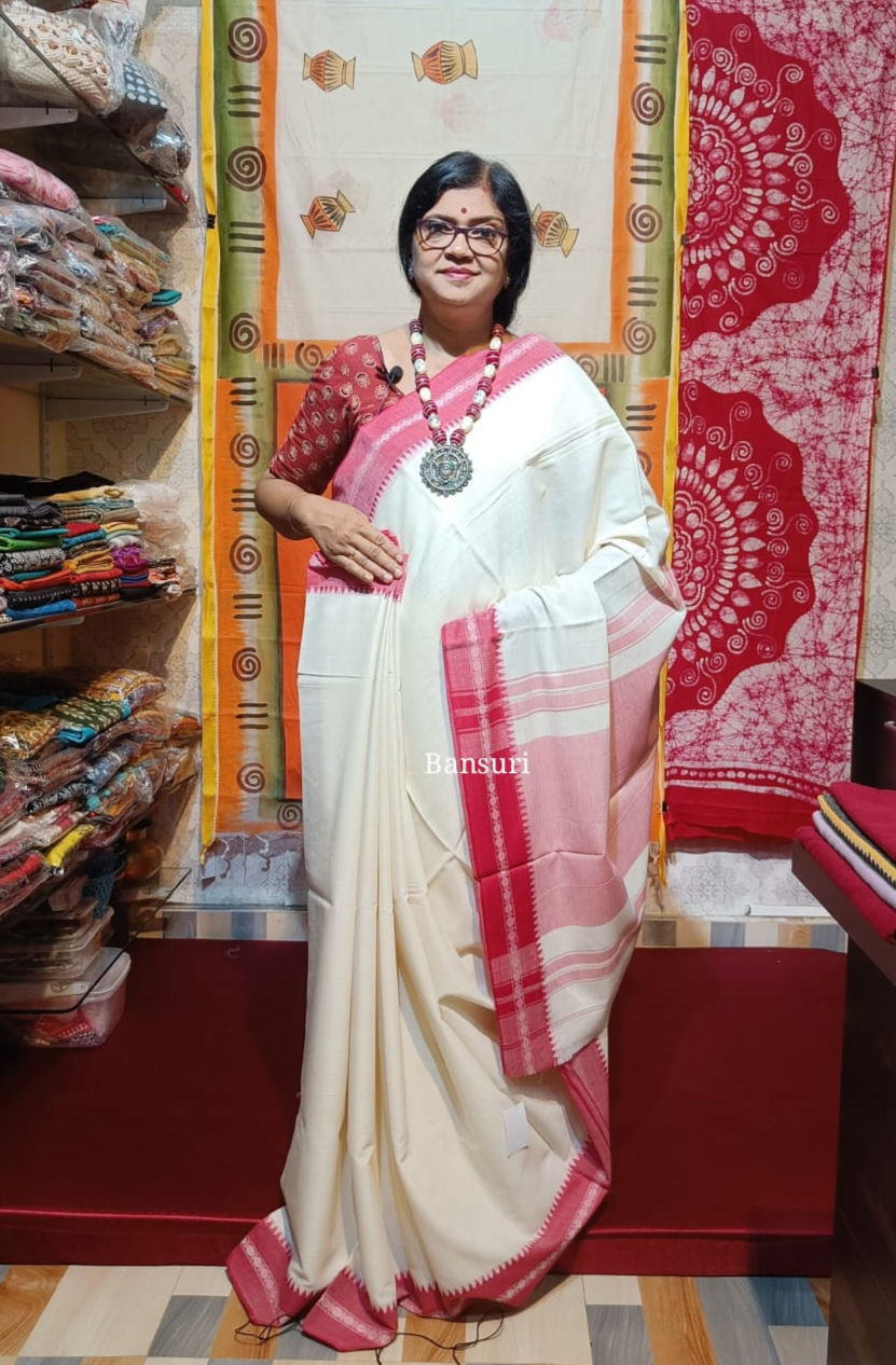 Pure Cotton Khadi Handloom Saree - Red & White