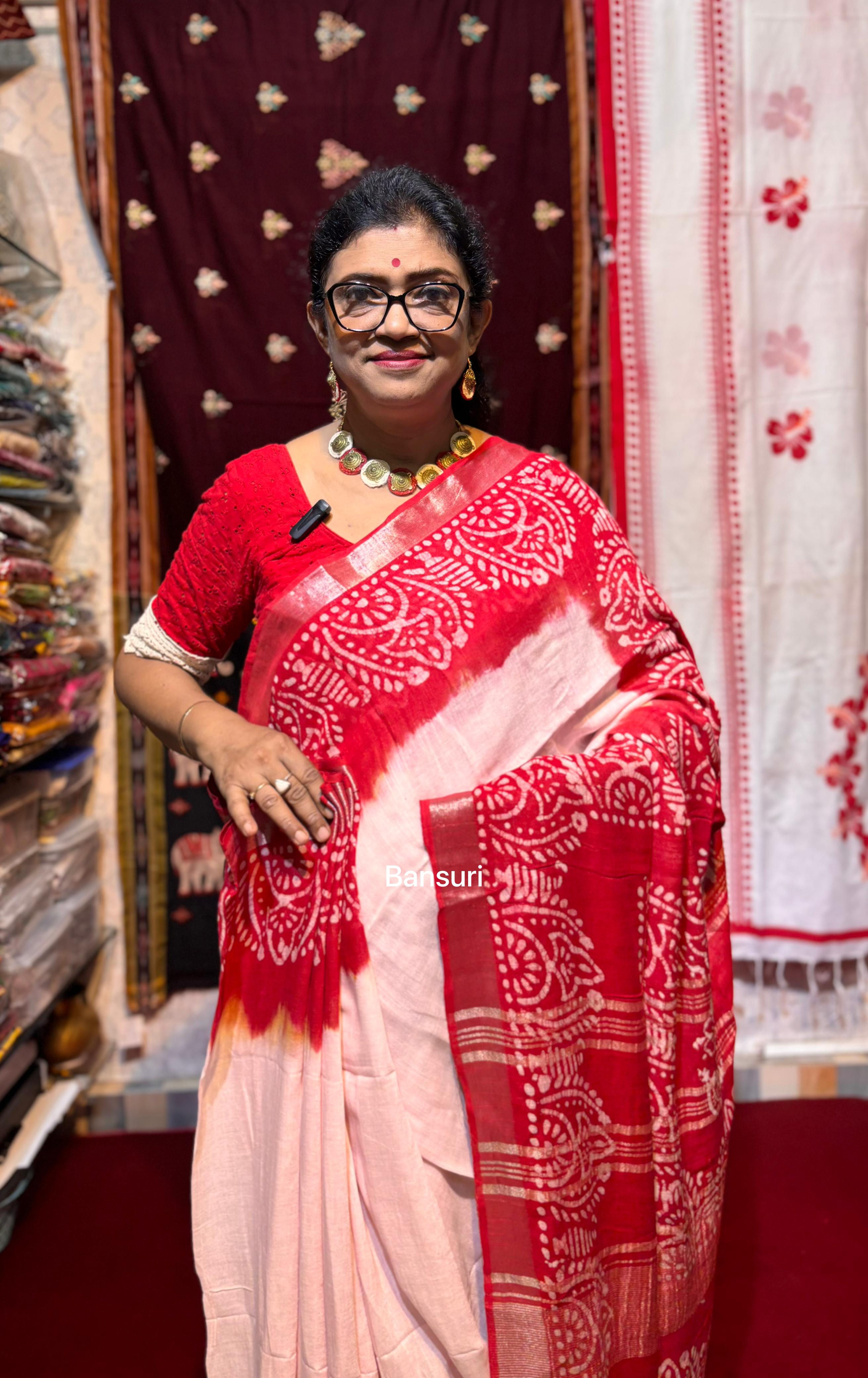 Red & White Linen Cotton Saree