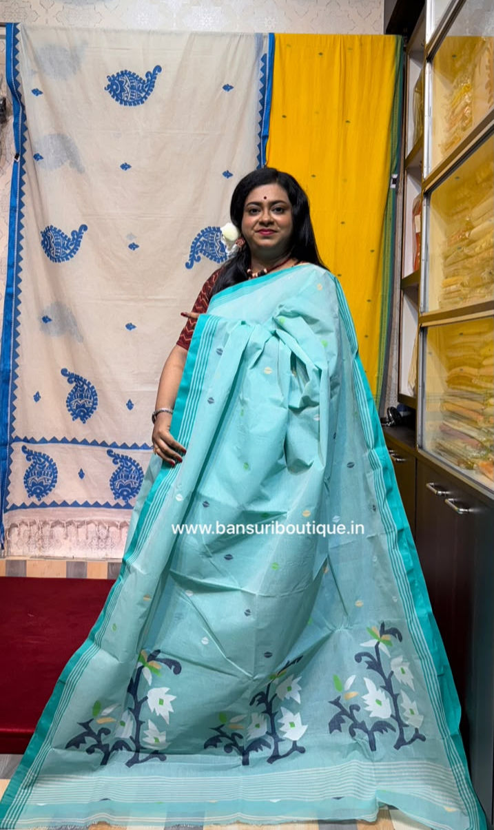 Pure Cotton Needle Jamdani Bengal Handloom Light Sea Green
