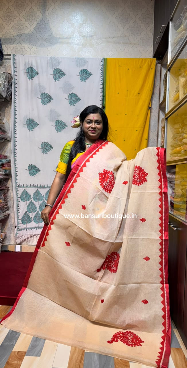 Thumbnail: Pure Cotton Handloom Applique Saree Red & Beige Shankha Design