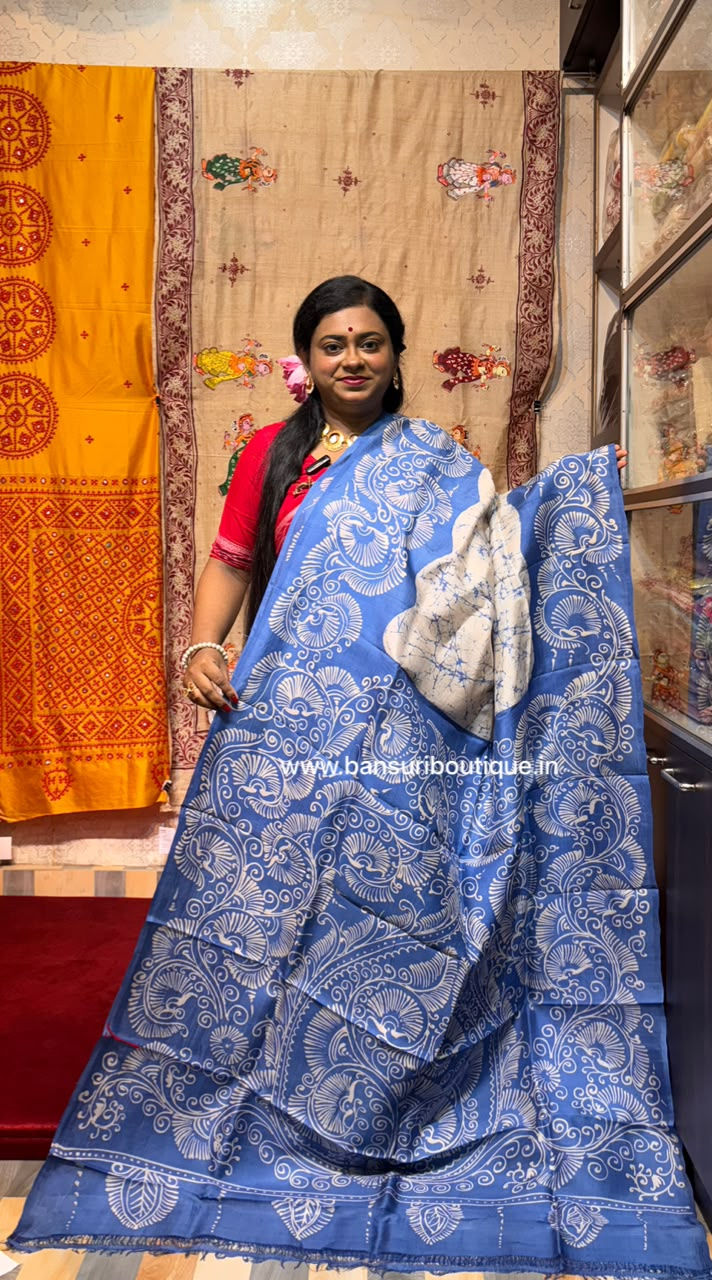 Thin Brush Handpainted Pure Bishnupuri Soru Tuli Batik Silk Saree Sky Blue