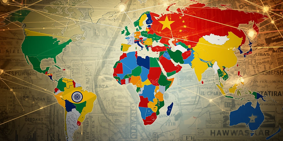Mapa-múndi destacando países do BRICS conectados por rotas comerciais, sobrepostos a documentos históricos da Conferência de Bretton Woods de 1944, com símbolos monetários modernos.