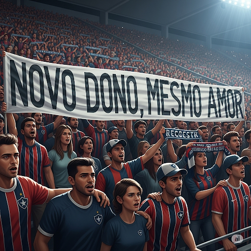 Torcedores em arquibancada moderna com faixa "Novo Dono, Mesmo Amor".