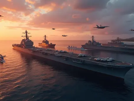 Deslocamento naval dos Estados Unidos com navios de guerra no mar do Caribe ao pôr do sol