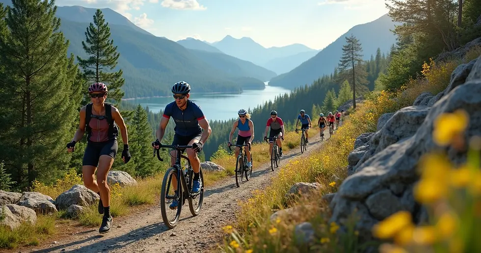 Atletas correndo em trilha natural com diversas modalidades esportivas ao fundo em alta resolução
