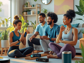 Consumidores modernos em ambiente doméstico usando produtos como garrafa Stanley, Fire TV Stick e smartwatch, transmitindo bem-estar e conveniência no dia a dia.